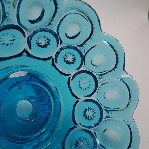 LE Smith Blue Glass Moons & Stars Scalloped Edge Pedestal Bowl Compote - Picture 7 of 13